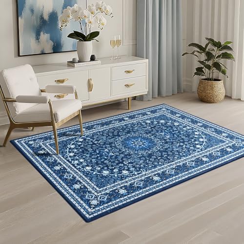 Lessymo 3 x 5 Area Rugs for Living Room, Washable Boho Carpets Blue White - Image 2