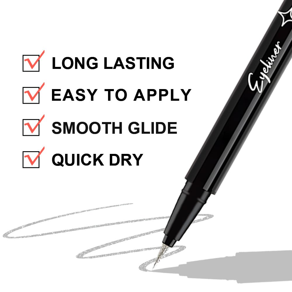 evpct 1Pcs Silver Glitter Liquid Eyeliner, Metallic Shimmer Light Silver Eyeliner Liquid Eye Liner Eyeshadow Pencil Face Body Glitter Makeup, Longwear Waterproof, Fake Eyelashes Mascara Accessories