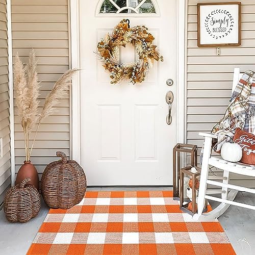 Fall Door Mat 2'4" x 3'7" Orange and White Bufflao Plaid Rug Layered Mat - Image 3