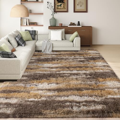 9x12 Large Shag Rugs for Living Room, Washable Abstract Brown by Ailyei