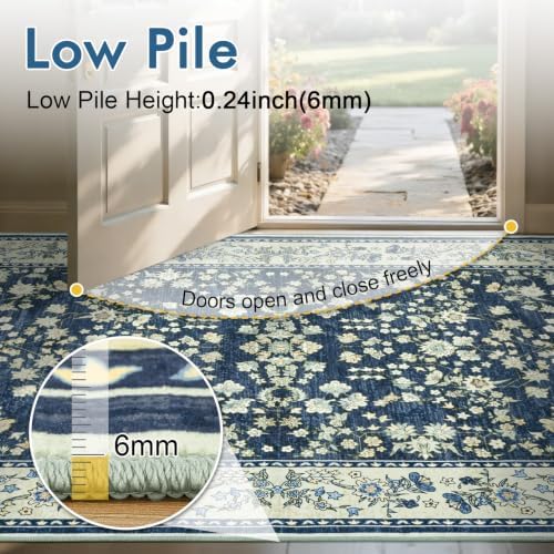 6x9 Ft Floral Area Rugs for Living Room, Non-Slip Soft Washable Carpet Blue - Image 5