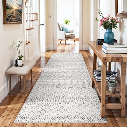 Rug Runners 2x8 for Hallway: Washable Moroccan Non Slip Rugs Geometric Grey - Image 2