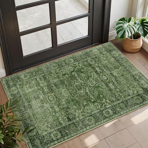 2x3 Entryway Rug Green Washable Vintage Rugs by Zeeinx