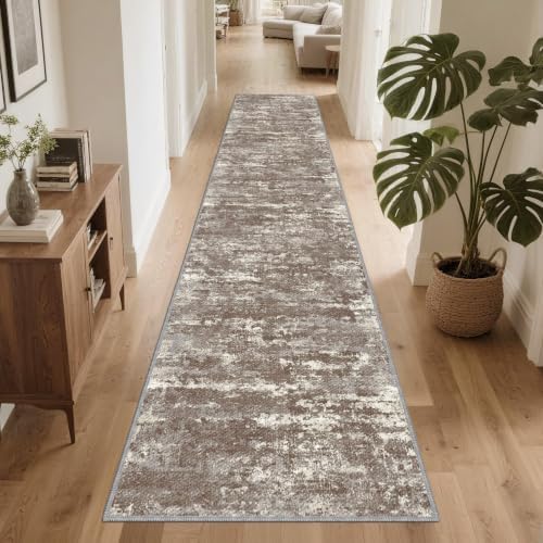Hallway Runner Rug 2x10 Textured Non Slip Carpet Runner, Abstract Brown by TTelephant
