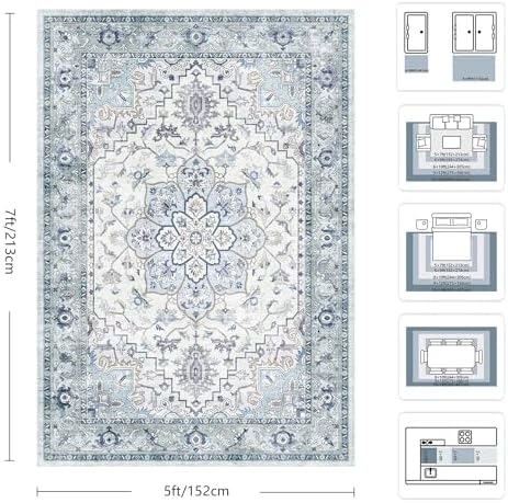 5x7 Area Rugs - Washable Rug Vintage Distress Boho Medallion Rugs - Image 2