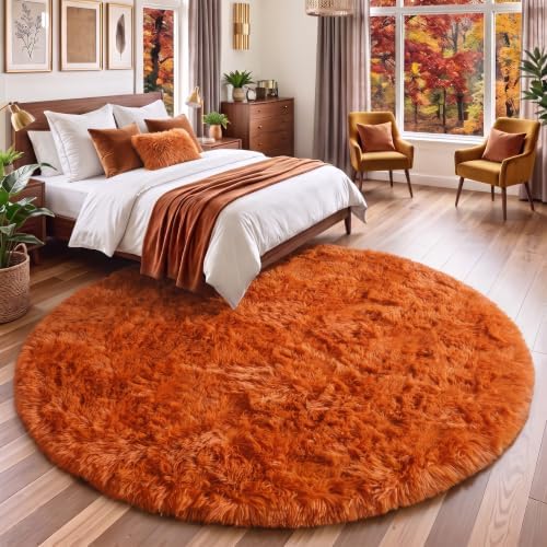 Amdrebio Burnt Orange Fall Round Shag Area Rug 4Ft - Image 3