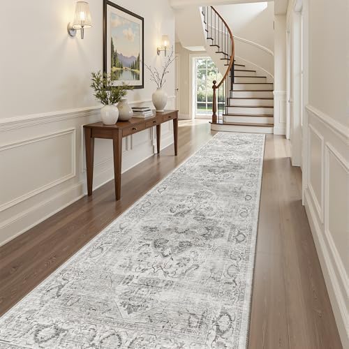 Washable 2.6x10 Runner Rug, Non Slip Hallway Rugs Ivory/Gray - Image 2