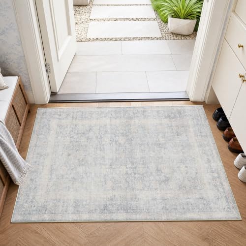 2x3 Washable Blue Cream Neutral Vintage Area Rug by ugoutry