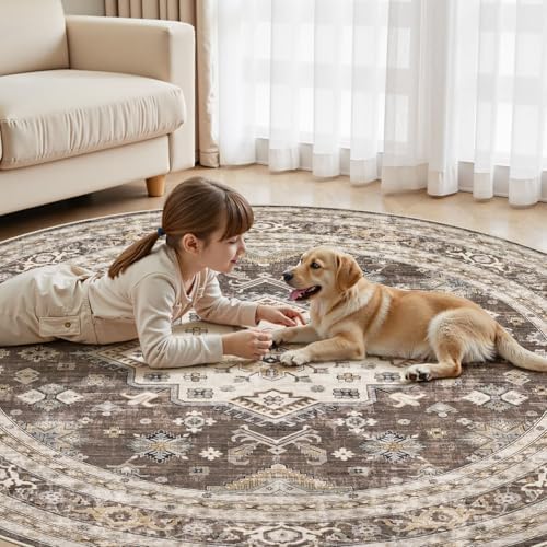 cotiled 6ft Round Living Room Area Rug, Traditional, Dark Brown - Image 4