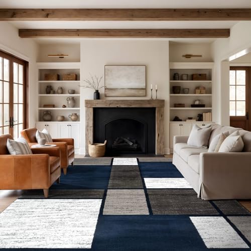 Rugshop Geometric Boxes Modern Large Fade-Resistant Area Rug Navy 10' x 14' by Rugshop