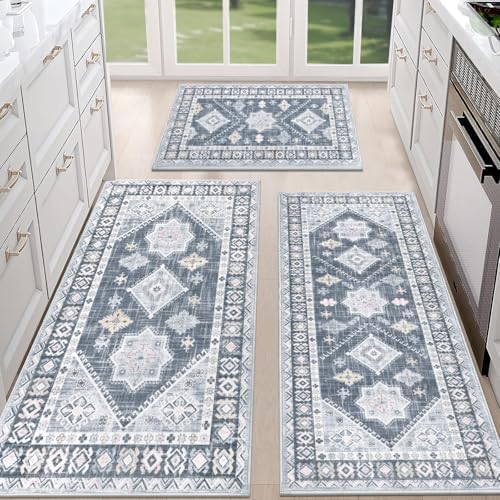 HEBE Boho Kitchen Rugs Set of 3, Non Slip Washable Kitchen Mats by HEBE