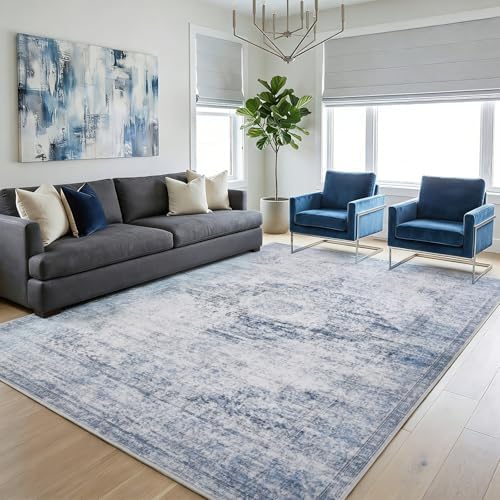Washable Area Rug 6x9 for Living Room, Non-Slip Backing, Distressed Blue by TerradWafs