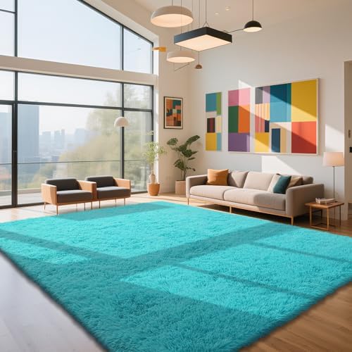 Teal Blue 9x12 Area Rugs for Bedroom, Fluffy Rugs Large Bedroom Carpet by Yongyangjuxi