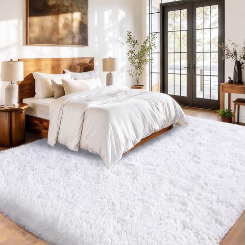 White Living Room Area Rug Shaggy Bedroom Carpet High Pile Fuzzy Rugs 6x9ft - Image 4