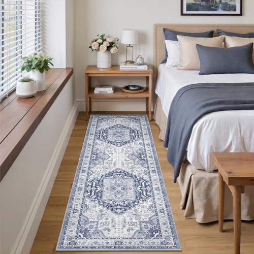 Washable 2.6x8 Hallway Runner Rug, Non Slip Vintage Kitchen Rugs Navy/Blue - Image 4