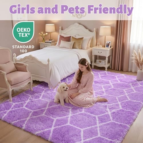 Area Rugs for Bedroom, 4x6 Fluffy Carpet Purple and White Geometric Rug - Image 3