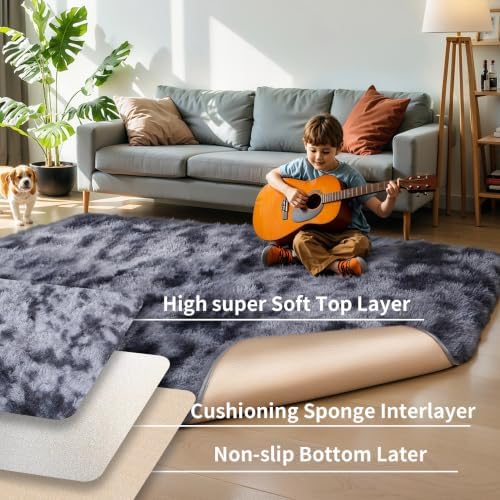 3x5 Thick Tie-dye Dark Grey Fluffy Shag Rug - Image 4