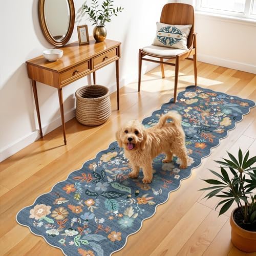 2x6 Washable Hallway Runner Rug: Blue Boho Floral Scalloped Kitchen Rug - Image 2
