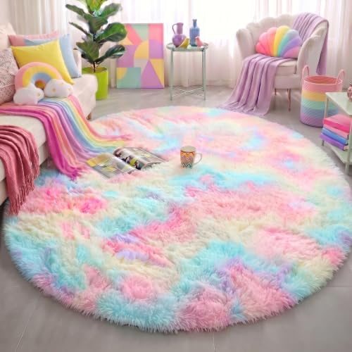 Amdrebio Rainbow Unicorn Pastel Circle Round Rug 4Ft by Amdrebio
