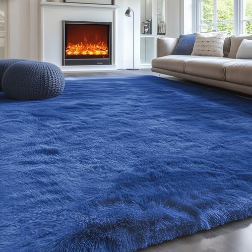 Navy Blue Rug 5x8 Ft, Fluffy Rugs - Image 3