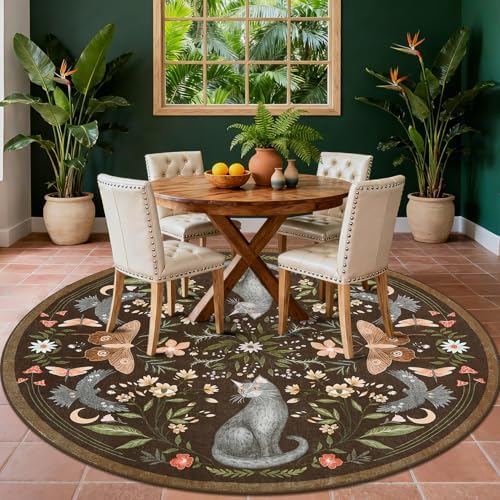 GarveeHome Round Area Rugs 6ft for Bedroom, Cat Brown Washable Circle Rug Soft by GarveeHome