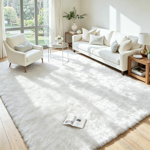 5x7 Fluffy Area Rug for Living Room: Soft Non-Slip White Bedroom Carpet by Oriannal