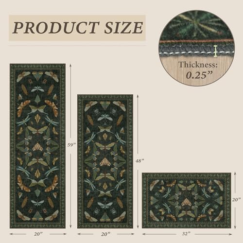 JTJ Kitchen Rugs Set of 3, Dark Green Vintage Insect - Image 2