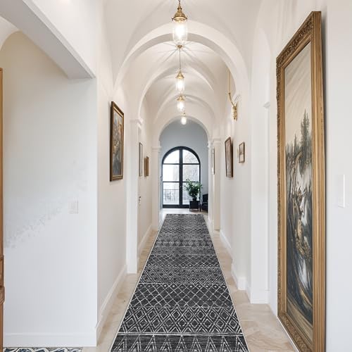Washable 2.6x14 Runner Rug Moroccan: Hallway Non Slip Geometric Rugs Black - Image 3