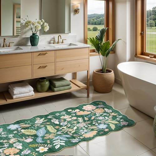 2x10 Washable Hallway Runner Rug: Scalloped Floral Long Kitchen Rugs Green - Image 3