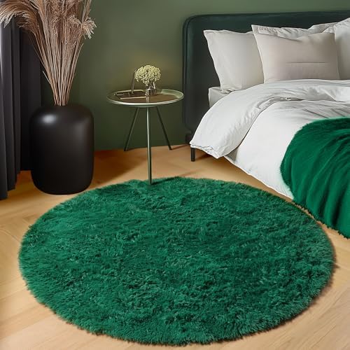 Dark Green Fluffy Round Rug Circle Area Rugs 4ft - Image 6