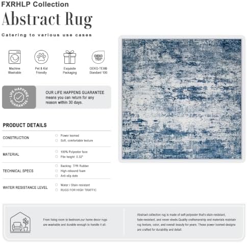 Area Rug Living Room: 8x8 Modern Washable Indoor Soft Carpet Blue - Image 2