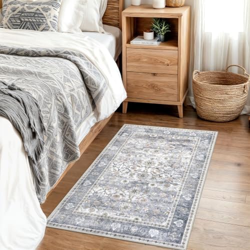 KUTA Vintage 2x3 Entryway Rug, Washable Small Area Rug Grey Blue - Image 4