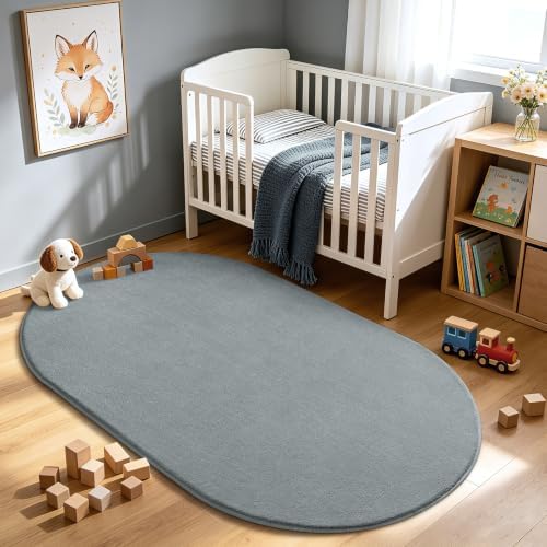 LOCHAS Soft Oval Bedroom Rug 3 x 5, Washable Grey Rugs - Image 5