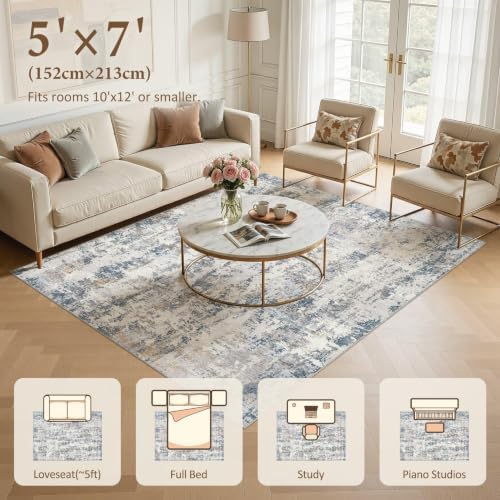 5x7 Area Rugs, Washable Living Room Rug, Abstract Grey Blue - Image 7