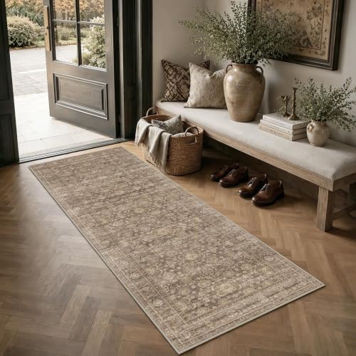 JOOJA 2x6 Neutral Tan Vintage Low Pile Non Slip Washable Boho Runner Rug - Image 2