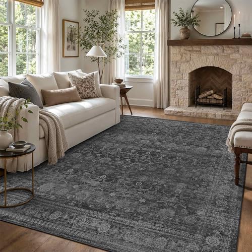5x7 Washable Boho Area Rug, Non-Slip Black Bedroom Nursery Carpet by LULLOSA