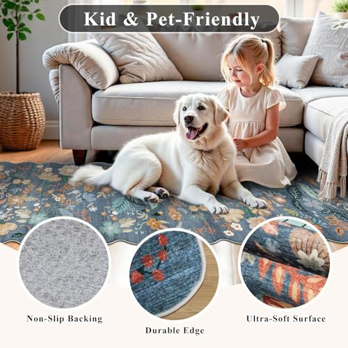2x6 Washable Hallway Runner Rug: Blue Boho Floral Scalloped Kitchen Rug - Image 4