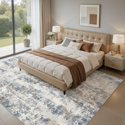 5x7 Area Rugs, Washable Living Room Rug, Abstract Grey Blue - Image 2