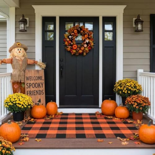 MUBIN Fall Decor Cotton Buffalo Plaid Rug, Washable Halloween Doormat Foldable by MUBIN