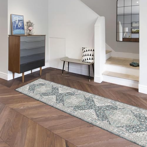 2x8 Washable Runner Hallway Rug Blue Beige Multi - Image 3