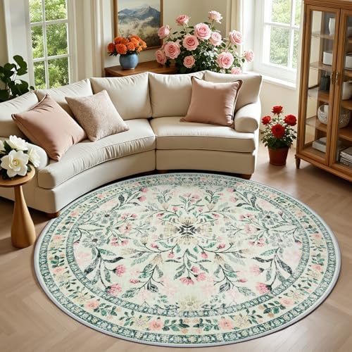 PLHXFR Round Area Rug Living Room: 6 ft Floral Washable Carpet Green Beige by PLHXFRSoftAreaRugs