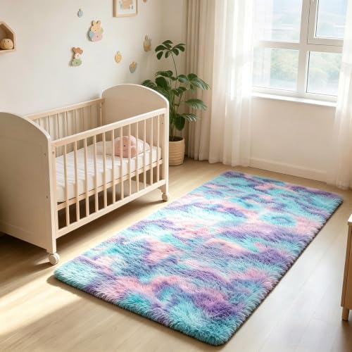 3x5 Blue Rainbow Fluffy Area Rug - Image 3