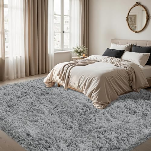 4x6 Area Rug for Living Room, Light Gray Fluffy Shag Non-Slip Bedroom Rugs - Image 2