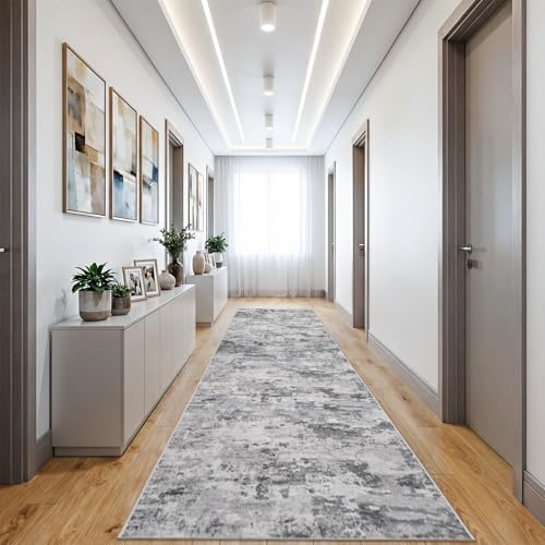 Washable Hallway Abstract Runners 2'6 x 14: Non Slip Runner Rug Black Grey by HILORUUG