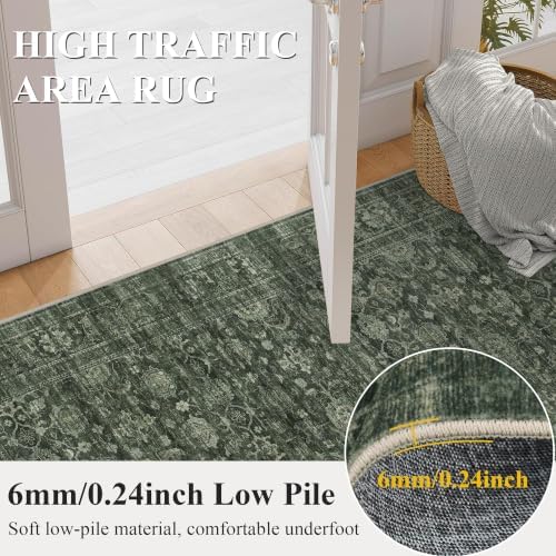 JOOJA 2x6 Dark Olive Green Vintage Low Pile Western Washable Runner Rug - Image 3