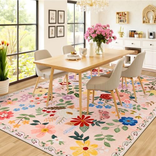 PLHXFR Area Rug Living Room: 4x6 Floral Washable Boho Soft Carpet Beige - Image 4