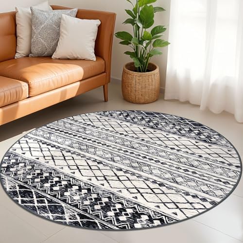 KUTA Washable Rugs Round 5Ft Black Navy Blue Boho Geometric Area Rug - Image 4