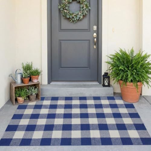 SEEKSEE Buffalo Plaid Outdoor Rug 3' x 5' Blue and White Front Door Mat - Image 4