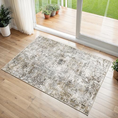 2x3 Washable Area Rug for Entryway: Throw Abstract Neutral Rugs BrownGray by Puino
