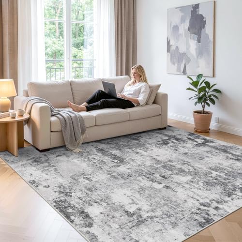 10x10 Area Rug for Living Room: Washable Abstract Non Slip Rugs Black Grey by HILORUUG
